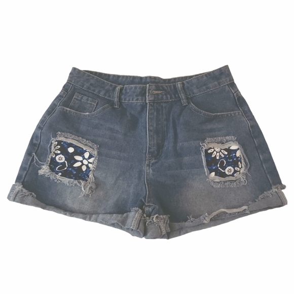Blue Rolled Hem Denim Shorts, Slim Fit Ripped Floral Print Slash Pockets L 8-10 - Picture 3 of 13